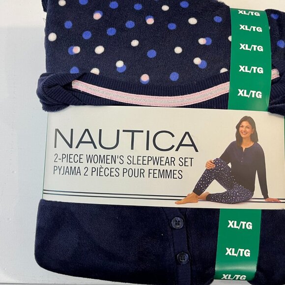 Nautica Women's Dark Blue Polka Dot Henley Silky Fleece Pyjama Set - NWT - Picture 3 of 6